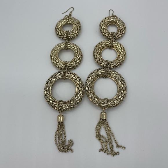 Trendy Three Tier Statement Earrings Gold Shoulder Duster - Picture 2 of 7